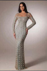 Suzhoufashion Silver Long Sleeve Formal Dress Beaded Rhinestones Prom Evening Gown