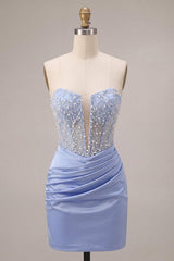 Suzhoufashion Sky Blue Beaded Strapless Tight Short Corset Homecoming Dress