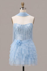 Suzhoufashion Sky Blue Corset Tiered Sequin Ruffled Short Homecoming Dress
