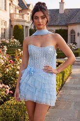 Suzhoufashion Sky Blue Corset Tiered Sequin Ruffled Short Homecoming Dress