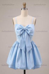 Suzhoufashion Sky Blue Satin A Line Corset Short Homecoming Dress with Bow