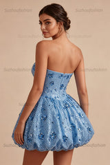Suzhoufashion Sky Blue Strapless Sequin Floral A-Line Short Homecoming Dress