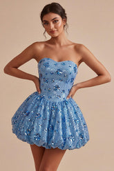 Suzhoufashion Sky Blue Strapless Sequin Floral A-Line Short Homecoming Dress