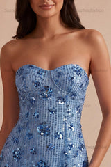 Suzhoufashion Sky Blue Strapless Sequin Floral Tight Short Homecoming Dress