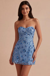 Suzhoufashion Sky Blue Strapless Sequin Floral Tight Short Homecoming Dress