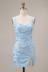 Suzhoufashion Sky Blue Tight Sequin Short Homecoming Dress with Slit