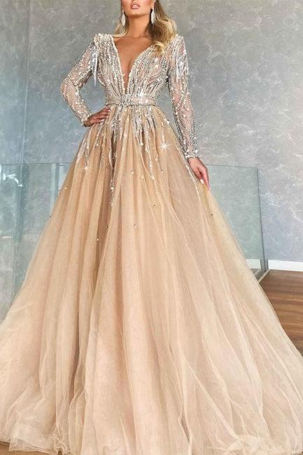 Suzhoufashion Sparkly V-neck Ball Gown Prom Dresses With Beads A-line Long Sleeves