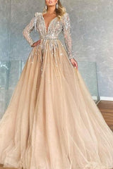 Suzhoufashion Sparkly V-neck Ball Gown Prom Dresses With Beads A-line Long Sleeves