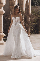 Suzhoufashion Strapless Beach Wedding Dress Corset Lace Appliques Bridal Gown with Detachable Train