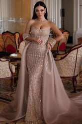 Suzhoufashion Strapless Formal Dress Beaded Tulle Organza Prom Dress with Panel Train