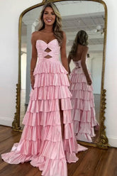 Suzhoufashion Strapless Hot A-Line Prom Dress With Keyhole Bodice Ruffle Skirt Slit And Lace Up Back Formal Evening Gown