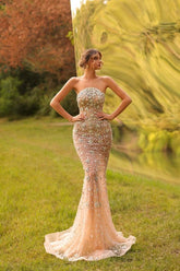 Suzhoufashion Strapless Prom Dress Mermaid Rhinestones Champagne Formal Dress