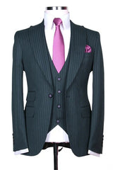 Suzhoufashion Striped Peaked Lapel Green Three Pieces Wedding Men Suits