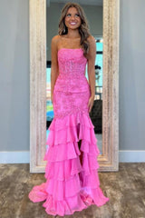 Suzhoufashion Stunning Mermaid Strapless Zipper Back Lace Corset Prom Dress With Ruffle Skirt Formal Evening Gown