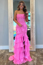 Suzhoufashion Stunning Mermaid Strapless Zipper Back Lace Corset Prom Dress With Ruffle Skirt Formal Evening Gown