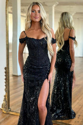 Suzhoufashion Stunning Sequin Black Off-Shoulder Prom Dress With High-Slit For A Bold Look Formal Evening Gown
