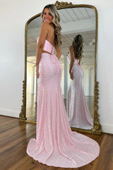 Suzhoufashion Stylish Blush Pink Halter Satin Top Two Piece Mermaid Prom Dress With Pearls Formal Evening Gown
