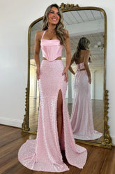 Suzhoufashion Stylish Blush Pink Halter Satin Top Two Piece Mermaid Prom Dress With Pearls Formal Evening Gown