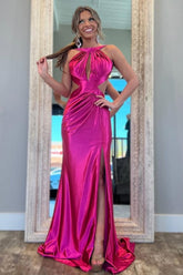 Suzhoufashion Stylish Fuchsia Metallic Mermaid Prom Dress With Slit And Open Back Formal Evening Gown