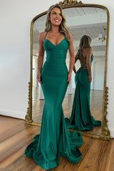Suzhoufashion Stylish Mermaid Spaghetti Straps Green Long Satin Prom Dress With Lace Up Formal Evening Gown