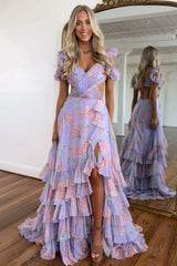 Suzhoufashion Stylish Purple Print A Line Off The Shoulder Long Layered Prom Dress With Slit Formal Evening Gown