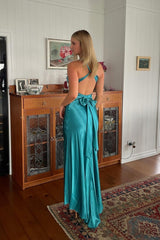 Suzhoufashion Stylish Sheath V Neck Green Long Party Dress With Open Back Bowknot Formal Evening Gown
