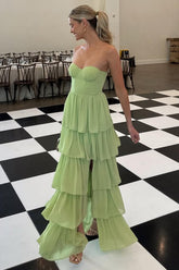 Suzhoufashion Sweetheart Light Green Layered Ruffle Evening Dress With Slit Formal Evening Gown