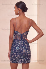 Suzhoufashion Tight Sequins Floral Navy Short Homecoming Dress with Slit