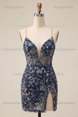 Suzhoufashion Tight Sequins Floral Navy Short Homecoming Dress with Slit
