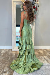 Suzhoufashion Trendy Mermaid V-Neck Sage Green Long Prom Dress With Ruffles Formal Evening Gown