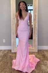 Suzhoufashion V-Neck Beaded Mermaid Prom Dress With Side Illusion Formal Evening Gown