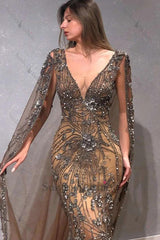 Suzhoufashion V Neck Mermaid Formal Dress Beaded Floor Length Evening Dress with Watteau Train