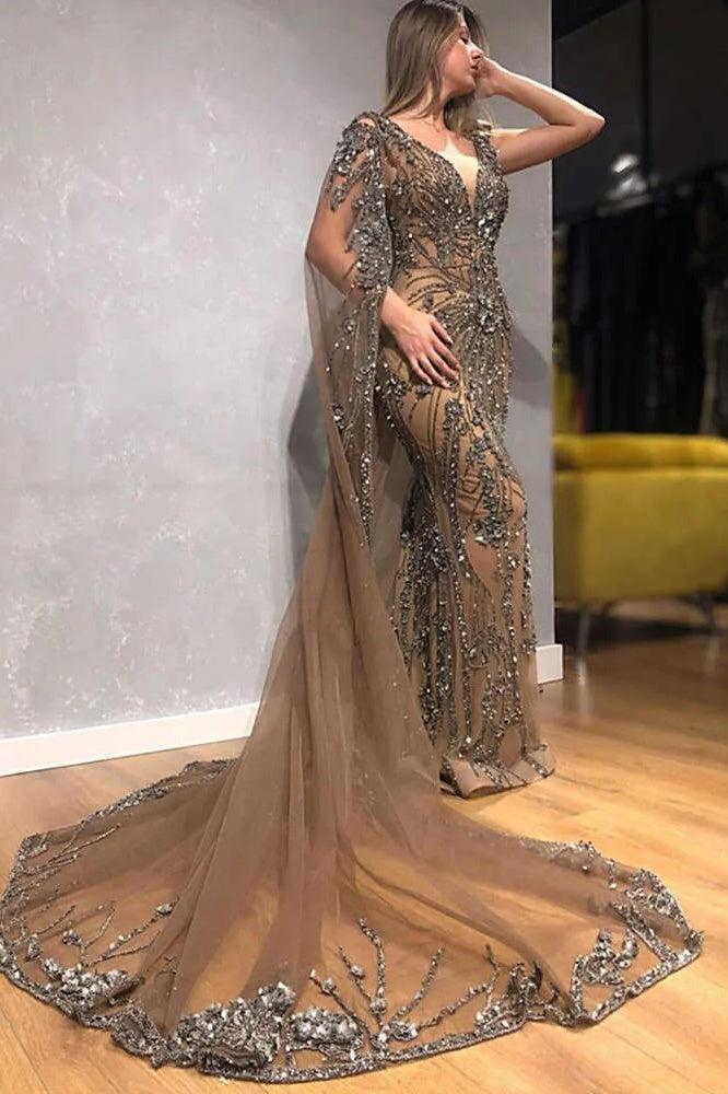 Suzhoufashion V Neck Mermaid Formal Dress Beaded Floor Length Evening Dress with Watteau Train