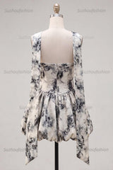 Suzhoufashion White & Black Floral Strapless Keyhole A-Line Short Homecoming Dress