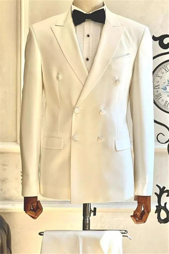 Suzhoufashion White Double Breasted Peaked Lapel Two Pieces Wedding Men Suits