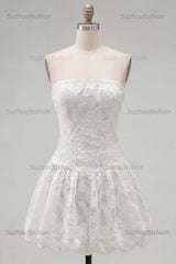 Suzhoufashion White Floral Strapless A-Line Short Homecoming Dress