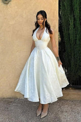 Suzhoufashion White Halter A-Line Jacquard Midi Prom Dress With Structured Corset Bodice Formal Evening Gown