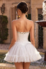 Suzhoufashion White Lace A-Line Corset Short Homecoming Dress with 3D Flowers