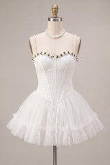 Suzhoufashion White Lace A-Line Corset Short Homecoming Dress with 3D Flowers