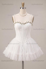 Suzhoufashion White Lace A-Line Corset Short Homecoming Dress with 3D Flowers