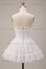 Suzhoufashion White Lace A-Line Corset Short Homecoming Dress with 3D Flowers