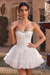 Suzhoufashion White Lace A-Line Corset Short Homecoming Dress with 3D Flowers