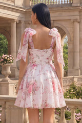 Suzhoufashion White & Pink Floral A-Line Short Homecoming Dress with Bows