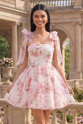 Suzhoufashion White & Pink Floral A-Line Short Homecoming Dress with Bows