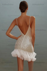 Suzhoufashion White Sequin V-Neck Bodycon Short Graduation Dress