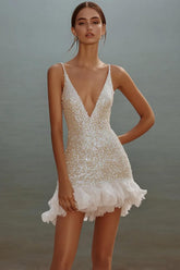 Suzhoufashion White Sequin V-Neck Bodycon Short Graduation Dress