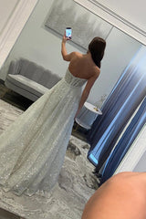 Suzhoufashion White Sequins Prom Dress Sweetheart A Line Corset Long Formal Dress With 3D Flower