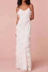 Suzhoufashion White Sheath Spaghetti Straps Backless Long Dress With Ruffles Graduation Dress Formal Evening Gown