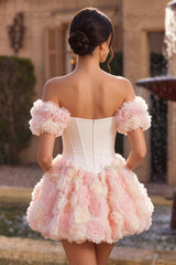 Suzhoufashion White and Pink A-Line Corset Short Homecoming Dress with 3D Flowers