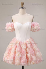 Suzhoufashion White and Pink A-Line Corset Short Homecoming Dress with 3D Flowers